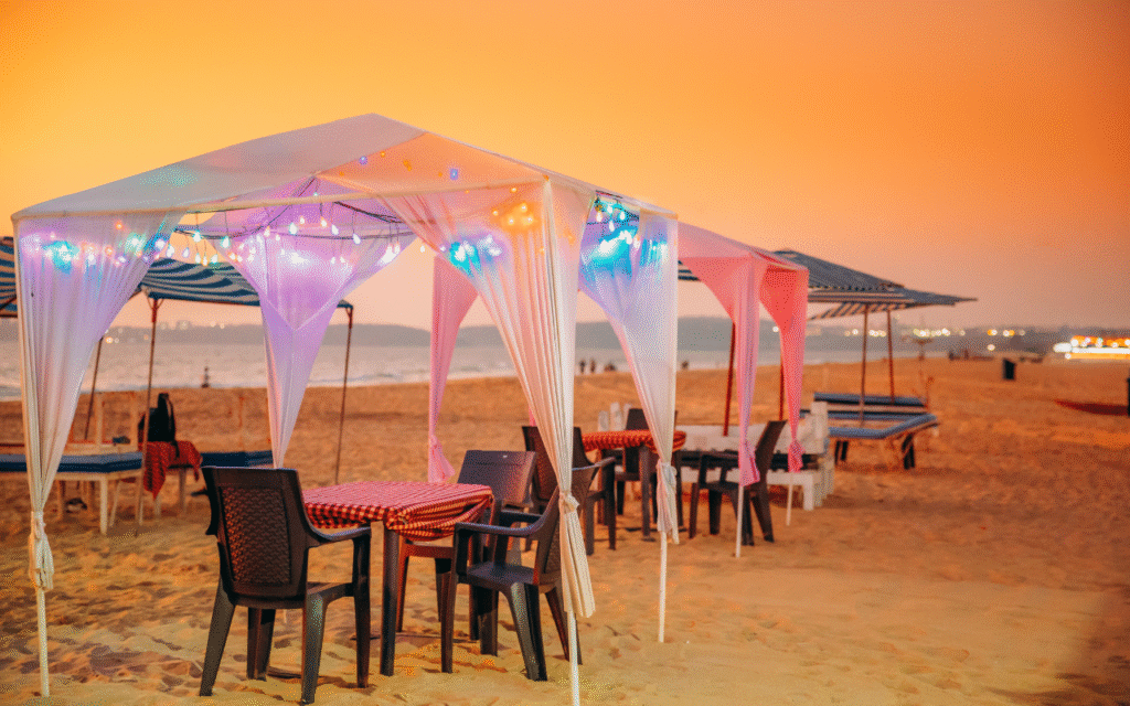 Goa beach cabana during sunset.